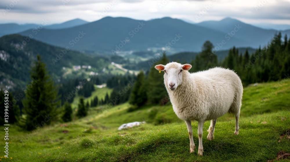 Poster white sheep stands in a grassy field with mountains in the background. the sheep is looking to the r