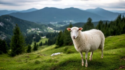 Fototapeta premium White sheep stands in a grassy field with mountains in the background. The sheep is looking to the right