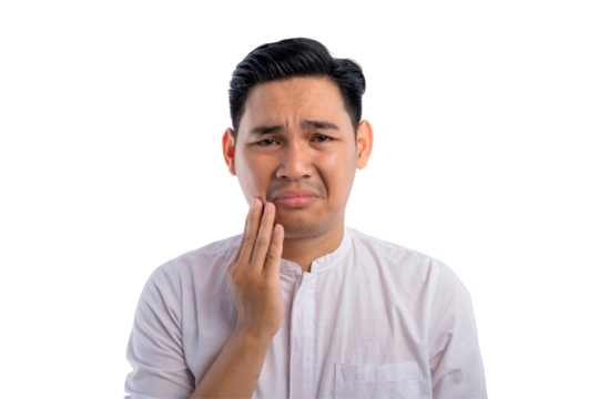 Unhealthy Asian Muslim man suffering from acute toothache, touching cheek with painful expression isolated on transparent background