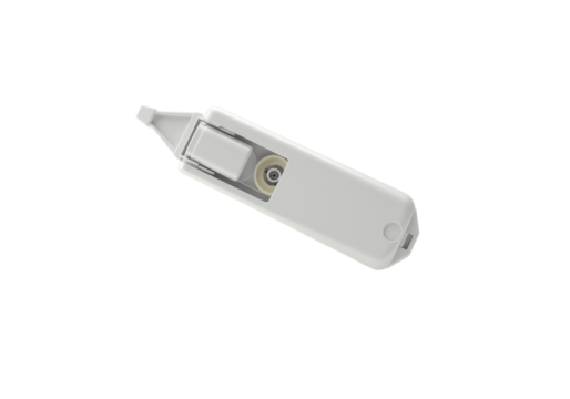 A horizontally floating correction tape roller on solid white background