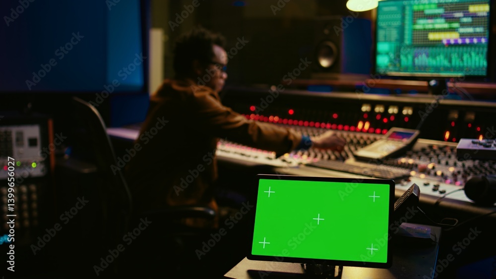 Poster African american tracking engineer works with greenscreen, operates audio console with moving faders and colored meters. Specialist pressing buttons and faders to edit audio recordings. Camera B.