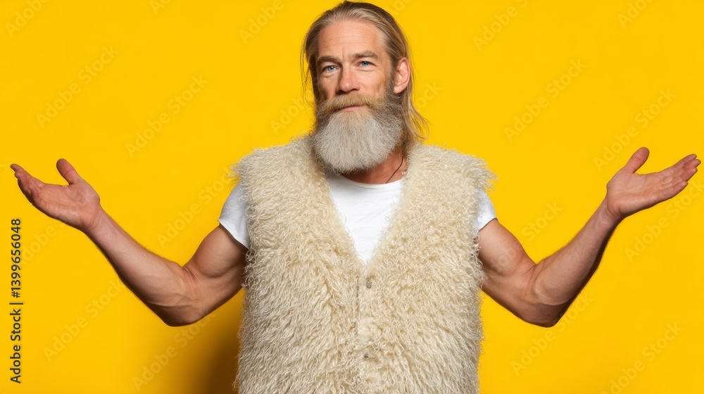 Poster man with a beard and a white vest is standing in front of a yellow background. he is looking at the 