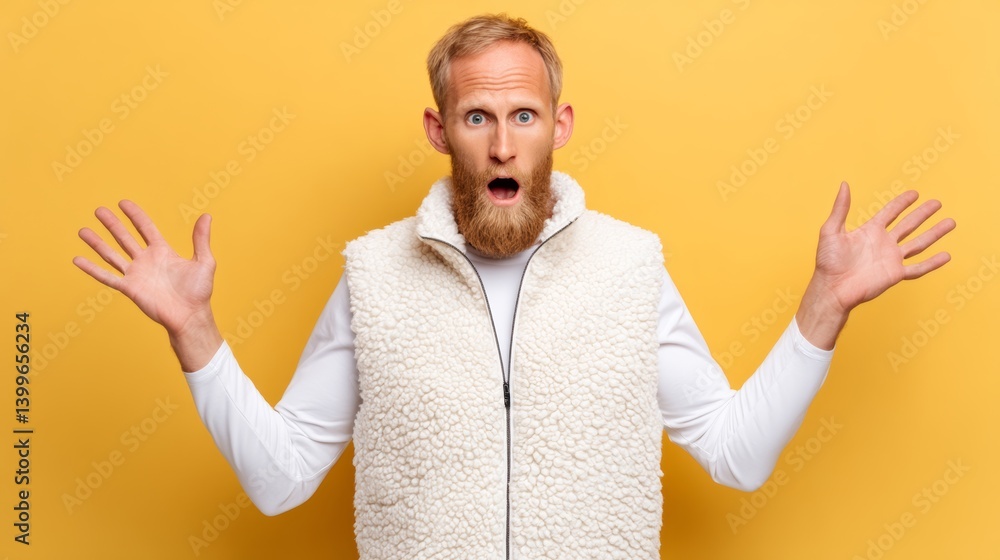 Poster man with a beard and a white vest is standing in front of a yellow background. he is looking at the 