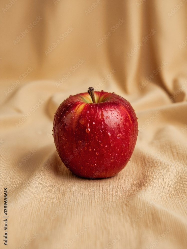 Poster everyday objects - for downstream advertisement and design: a glistening red apple rests on a soft, 