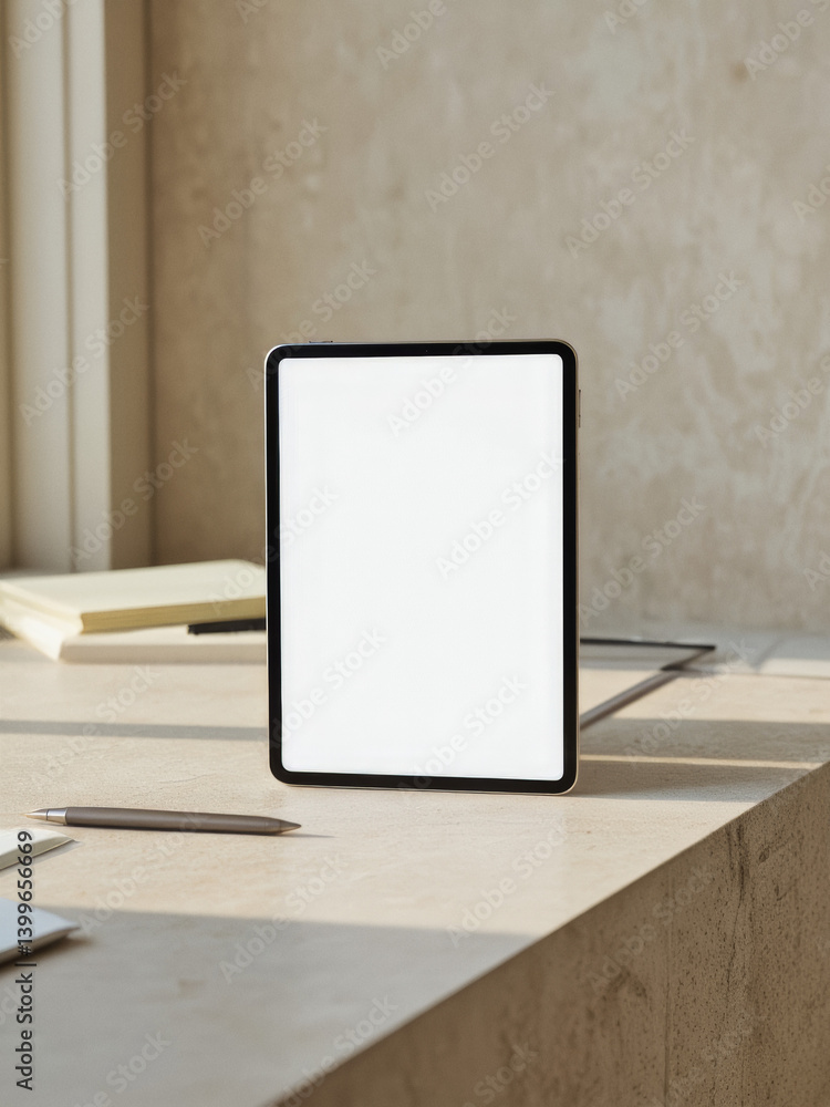Aufkleber everyday objects - for downstream advertisement and design: a tablet with a blank screen stands upri