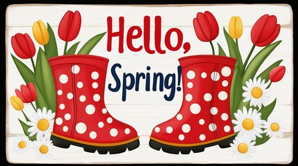 Red polka dot rain boots on white background with spring flowers and sign hello, spring
