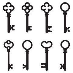 Antique key Vector Black silhouettes. Medieval and modern keys, vintage shapes set. Open door symbols, privacy and escape. Abstract tidy elements. with white background
