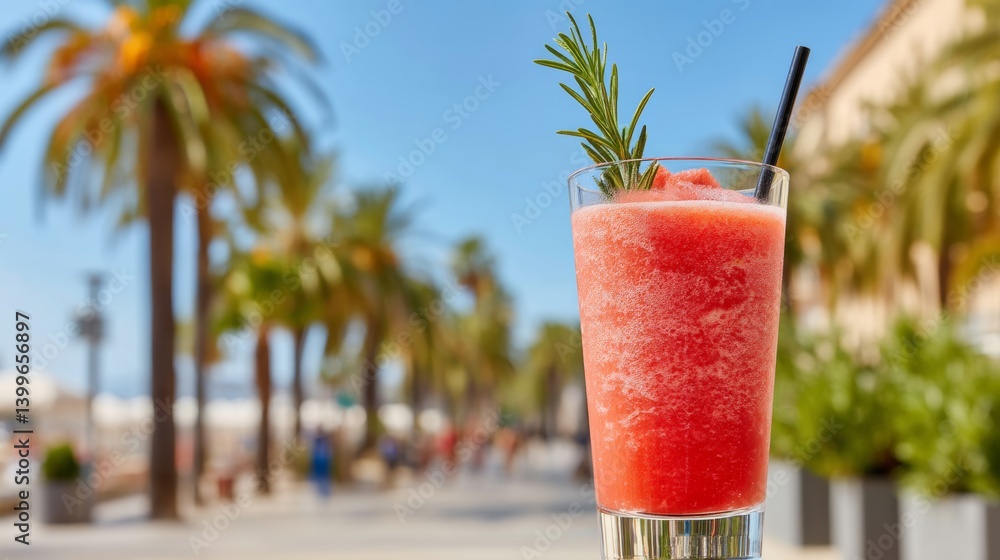 Poster glass of red drink with a straw in it is sitting on a table in front of a palm tree
