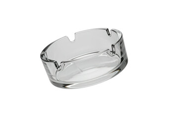 A horizontally floating glass ashtray on solid white background
