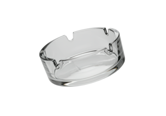 A horizontally floating glass ashtray on solid white background