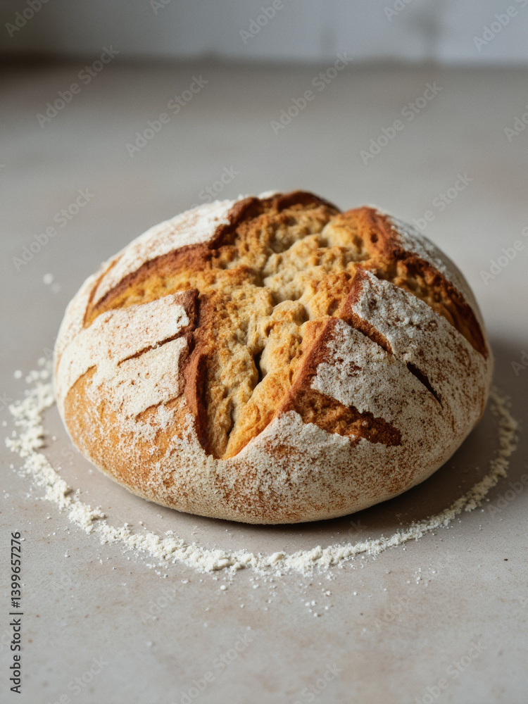 Poster everyday objects - for downstream advertisement and design: a rustic, round loaf of sourdough bread,