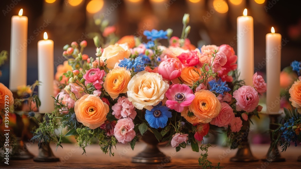Poster A stunning display of colorful flowers arranged elegantly in a vessel is complemented by flickering candles, creating a warm ambiance suitable for a joyful gathering.