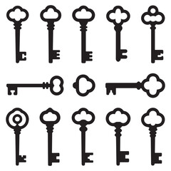 Antique key Vector Black silhouettes. Medieval and modern keys, vintage shapes set. Open door symbols, privacy and escape. Abstract tidy elements. with white background