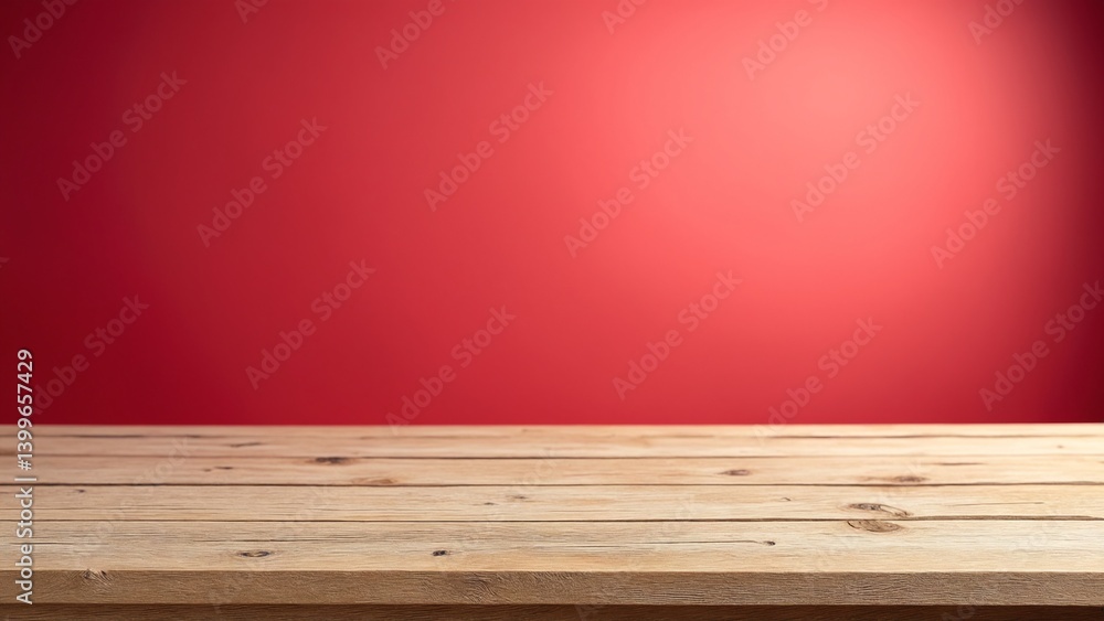 Poster rustic wooden table top against red backdrop