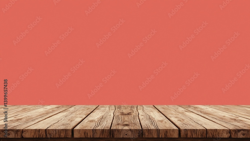Poster rustic wooden table top against red backdrop
