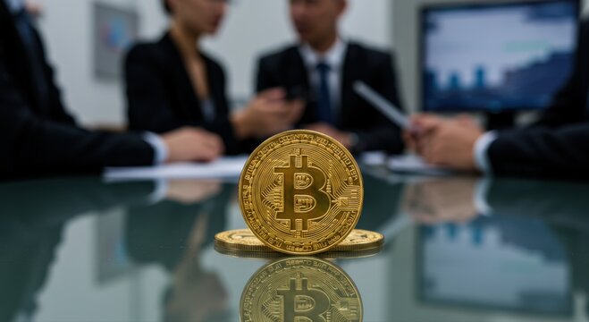 Business meeting discussing cryptocurrency with Bitcoin on table  