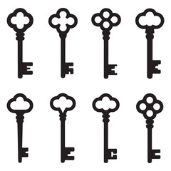 Antique key Vector Black silhouettes. Medieval and modern keys, vintage shapes set. Open door symbols, privacy and escape. Abstract tidy elements. with white background