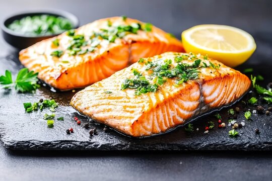 Delicioso salm&oacute;n a la parrilla con lim&oacute;n y verduras frescas preparado en una elegante presentaci&oacute;n culinaria