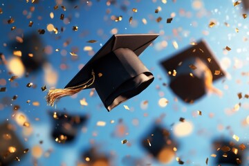 Graduation caps fly in the air with golden confetti against a blue background. Perfect for illustrating academic success, achievement, and graduation celebration.