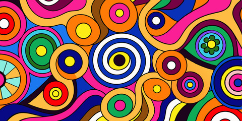 Fototapeta premium Retro geometric circles swirl in a seamless vector illustration with a vibrant yellow, pink, and black psychedelic pattern