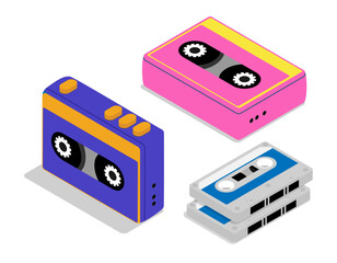 Isometric portable cassette player music player. Device for recording and listening of audio files and music onto magnetic tape. Aerial view 3D vector concept isolated on white background