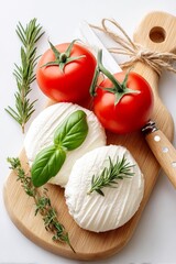 Selección de ingredientes frescos para una ensalada mediterránea con tomate y queso