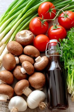 Variedad de productos frescos y sazonadores en una disposici&oacute;n plana ideal para la cocina