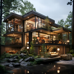 Obraz premium Luxury Modern Glass House in the Forest at Night