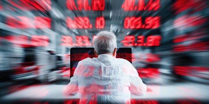 Elderly man analyzing financial data with anxiety against a digital screen  