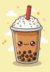 Cute kawaii bubble tea character with whipped cream, sprinkles and red straw against yellow background