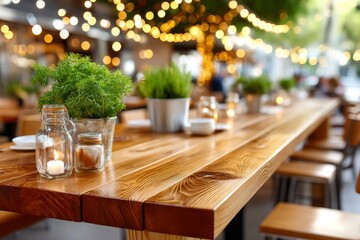 Toallero de madera vacía con plantas y velas en un restaurante bullicioso durante la tarde