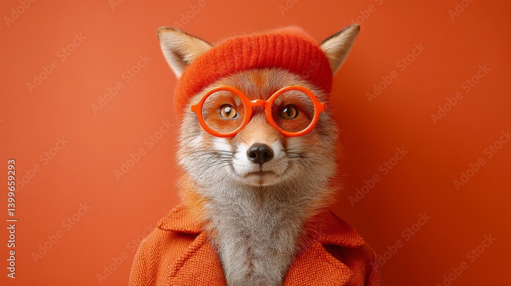 Poster fox wearing glasses and a red hat. the fox is smiling and looking at the camera. the image has a pla