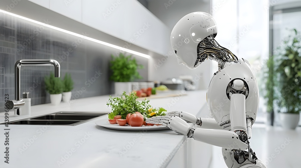 Poster a person with a state of the art bionic hand skillfully using the advanced prosthetic limb to prepar