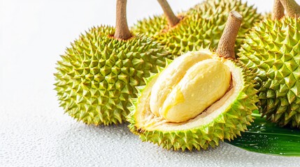 Obraz premium Fresh Durian Fruit with Spiky Shell and Yellow Creamy Flesh Close Up