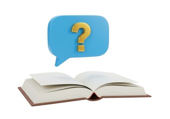 Open book with a blue speech bubble and a golden question mark