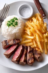 Plato delicioso con carne asada, arroz y papas fritas en vista aérea