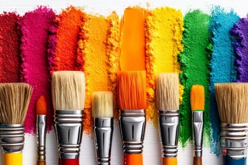 Seis pinceles en una gama vibrante de colores acompañados de pintura