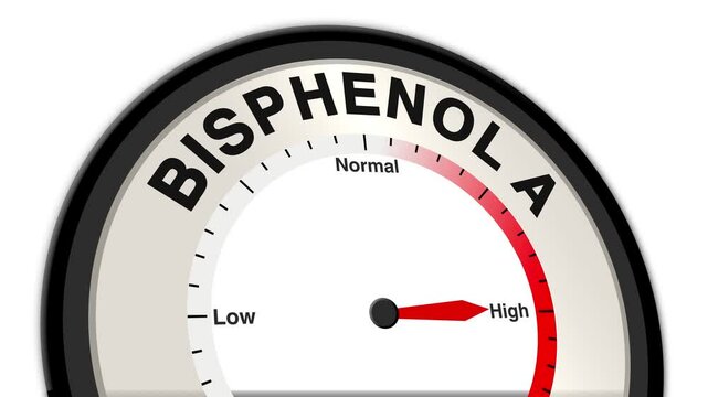 Bisphenol A text or word displayed with a barometer or tachometer-style gauge showing levels from low to normal to high, symbolizing the environmental and health concerns associated with this chemical