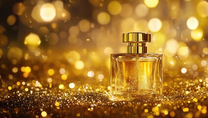 Luxurious perfume bottle on golden glitter background
