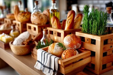 Artisan&iacute;a en una panader&iacute;a c&aacute;lida con panes frescos y decoraciones naturales en un entorno acogedor y luminoso