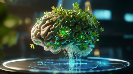 Human Brain Growing Plants, Neural Network, Bio-Technology, Eco-Consciousness Concept