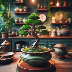 Bonsai tree in ceramic pot meticulously shaped miniature tree sy