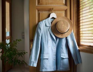 Leichte Sommerjacke hängt an Türhaken – Interior-Szene