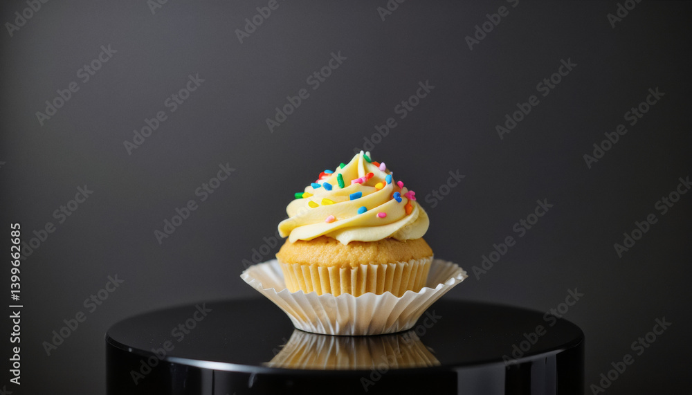Poster everyday objects - for downstream advertisement and design: a single cupcake with vanilla frosting a