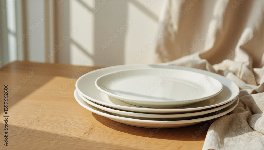 Poster everyday objects - for downstream advertisement and design: a stack of white ceramic plates rests on