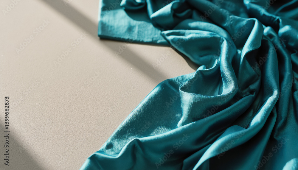 Poster everyday objects - for downstream advertisement and design: a teal-colored satin fabric gracefully d