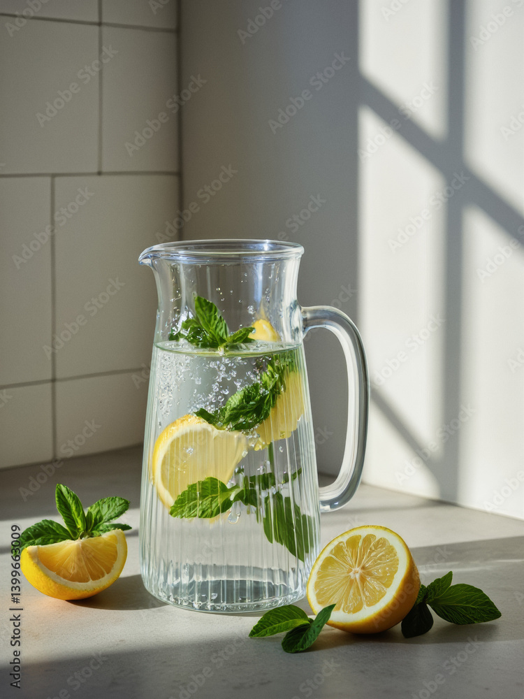 Poster everyday objects - for downstream advertisement and design: a glass pitcher filled with refreshing w
