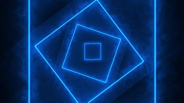 Futuristic blue neon rotating squares on abstract dark background. Glowing burning rtech loop animation
