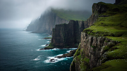 Dramatic Coastal Cliff Face Rising from Turbulent Ocean Waves