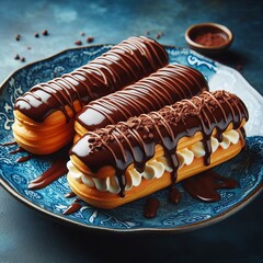 Eclairs on French Blue Cream filled eclairs drizzled with chocol